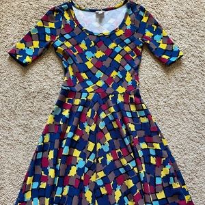 Lularoe NICOLE dress. Blue, red, yellow size S.